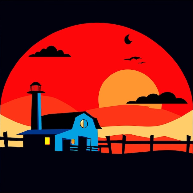 Vector vectorillustratie van het landschap van een nachtboerderij