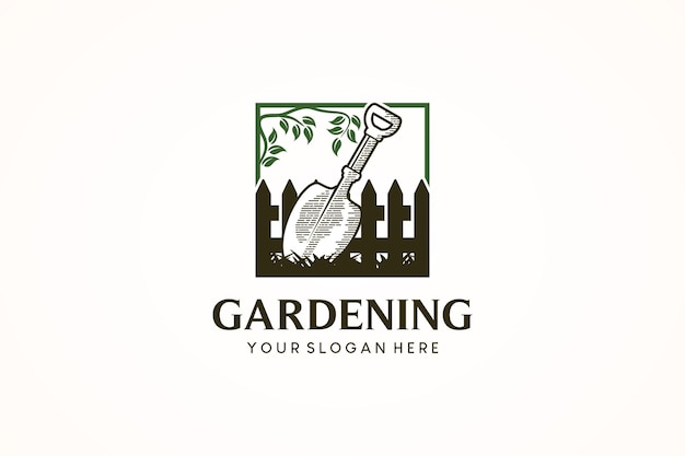 Vector vectorillustratie van het logo van de tuin met het symbool van de schop en het hek van de tuin