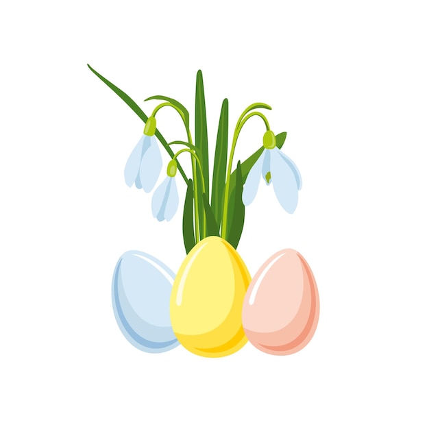 Vector vectorillustratie van het paasthema boeket van lentebloemen sneeuwdruppels en veelkleurige pastel paaseieren voorjaarsfeestillustratie op witte achtergrond