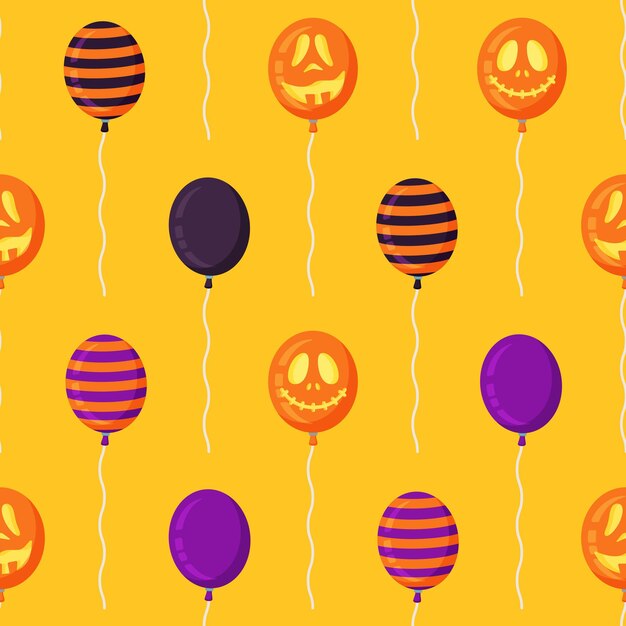 Vectorillustratie van het patroon van halloween-ballons. naadloze tekening van enge halloween ballonnen. mooi patroon met stijgbeugelgezichten. gele achtergrond.