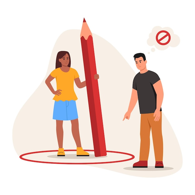 Vectorillustratie van het verdedigen van persoonlijke grenzen Cartoon scene met een meisje in een cirkel met een rood potlood en een jongen die zijn afstand houdt geïsoleerd op een witte achtergrond Sociale afstand