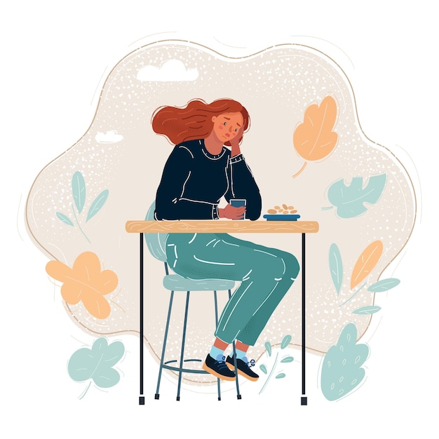 Vectorillustratie van het verdrietige meisje in het café dat alleen zit