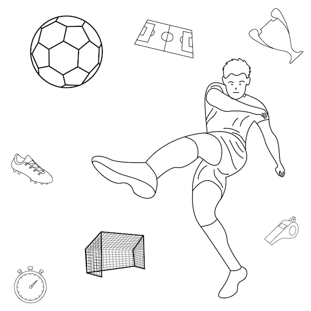 Vectorillustratie van het Wereldkampioenschap voetbal dat wordt gebruikt voor grafisch ontwerp heeft een speler nodig die de bal schopt