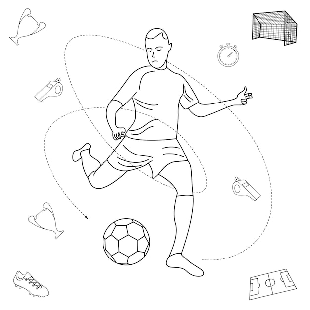 Vectorillustratie van het Wereldkampioenschap voetbal dat wordt gebruikt voor grafisch ontwerp heeft een speler nodig die de bal schopt