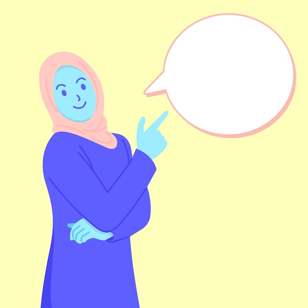 Vector vectorillustratie van hijab-meisje met ballontekst in plat ontwerp met zachte kleurstijl.
