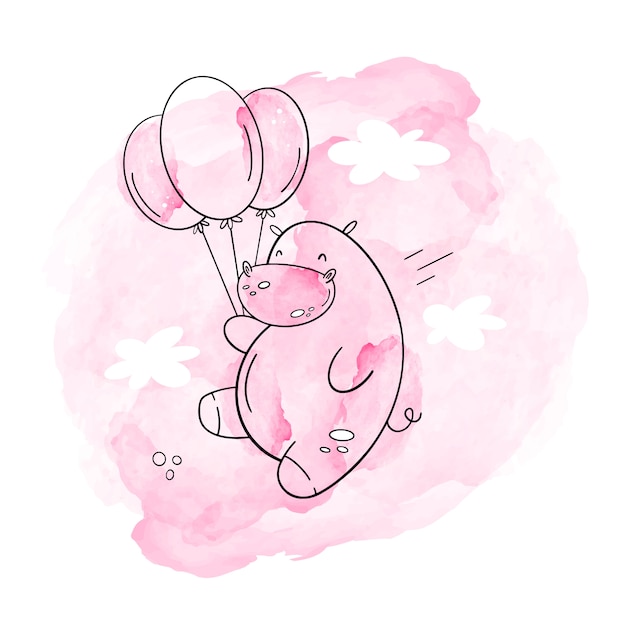 Vector vectorillustratie van hippo en ballonnen. roze waterverf, hand-drawn stijl