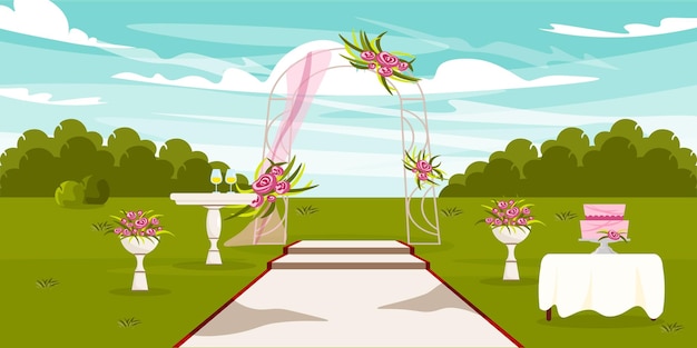 Vector vectorillustratie van huwelijksceremonie cartoon landschap met huwelijksboog champagne bruidstaart bloemen pad voor jongeren