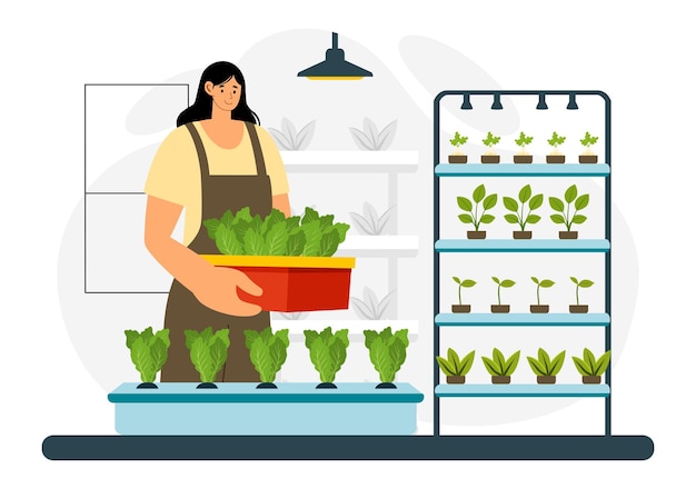 Vectorillustratie van hydroponische technologie met een kasomgeving voor het kweken van groene planten onder gecontroleerde omstandigheden op de achtergrond