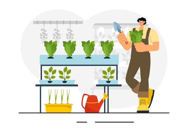 Vectorillustratie van hydroponische technologie met een kasomgeving voor het kweken van groene planten onder gecontroleerde omstandigheden op de achtergrond