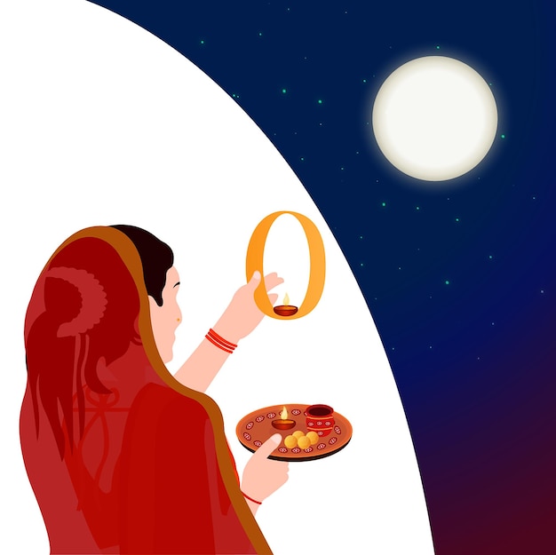 Vectorillustratie van Indiase festival karwa Chauth poster Hindoe getrouwde vrouw ritueel uitvoeren