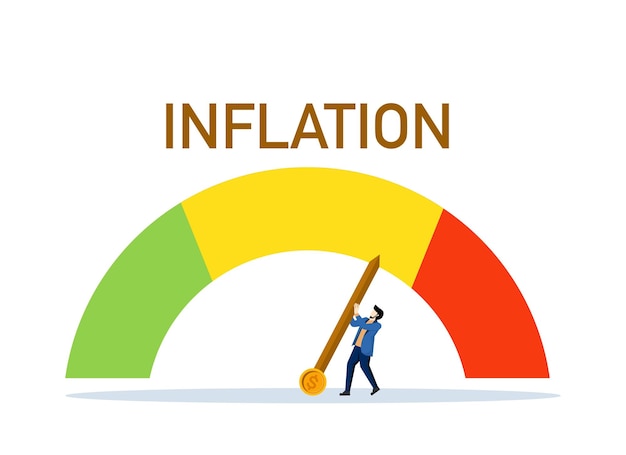 Vector vectorillustratie van inflatiemeetapparaat en op zoek naar oplossing voor inflatieprobleem