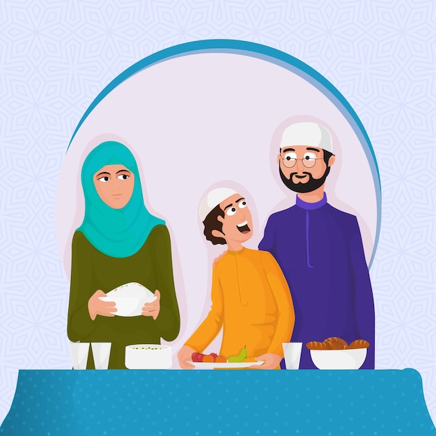 Vectorillustratie van islamitische familie met heerlijk voedsel fruit aan tafel en kopieerruimte voor islamitisch festivalconcept