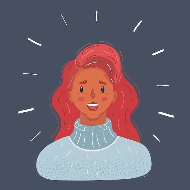Vectorillustratie van jonge vrouw gezicht met rood haar op donkere achtergrond