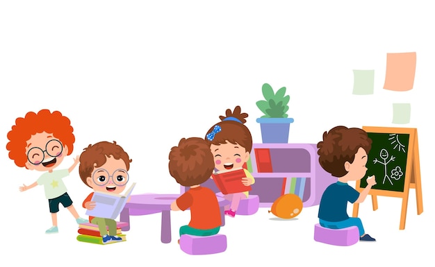 Vectorillustratie van kinderen spelen in de klas