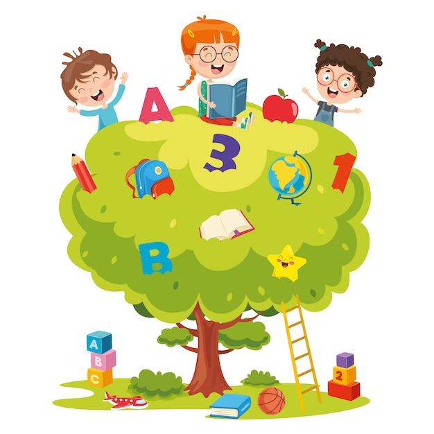 Vectorillustratie van kinderen studeren op boom
