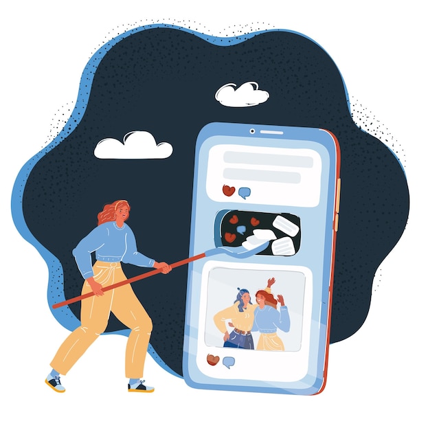 Vectorillustratie van kleine vrouw die inhoud uploadt naar haar blog op een groot smartphone-scherm