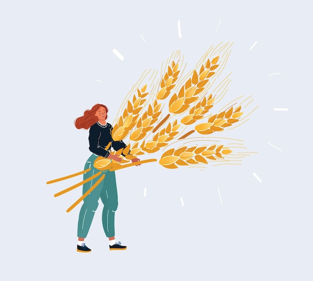 Vectorillustratie van kleine vrouw met grote gigantische rijpe schoof tarwe oren in haar handen