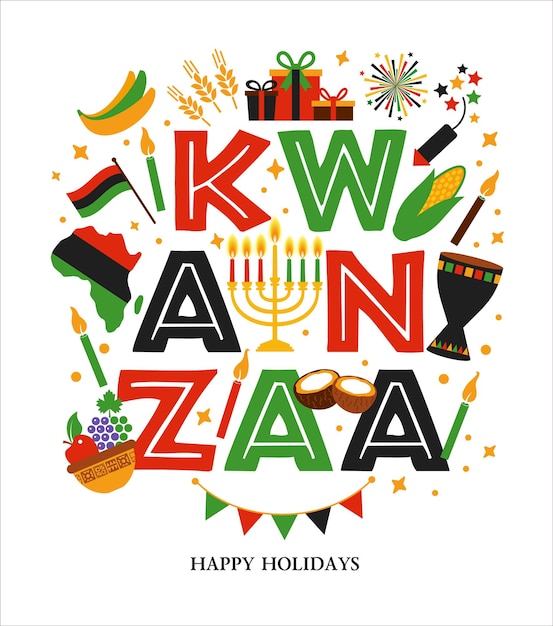 Vectorillustratie van kwanzaa vakantie afrikaanse symbolen met letters op witte achtergrond