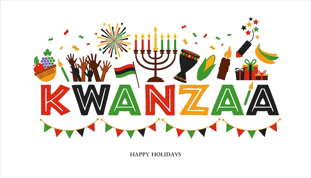 Vectorillustratie van kwanzaa vakantie afrikaanse symbolen met letters op witte achtergrond