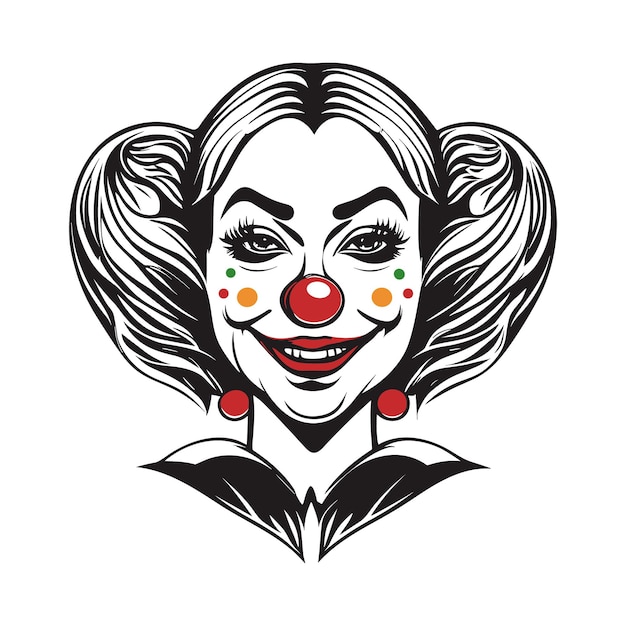 Vectorillustratie van lachende vrouw clown gezicht met joker make-up