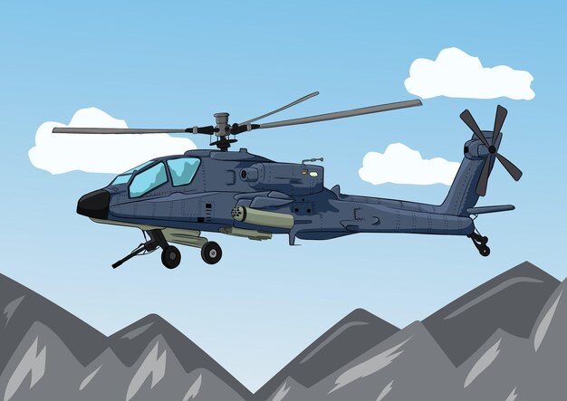 Vector vectorillustratie van legerhelikopter die over de aanvalshelikopter van het bergenleger vliegt