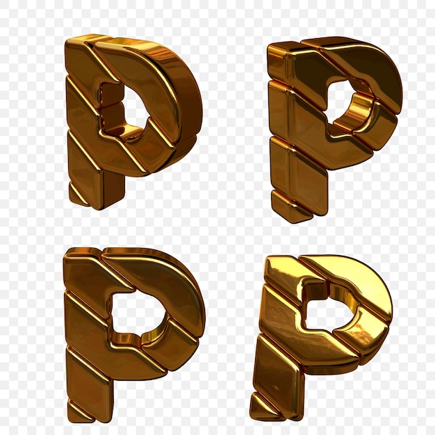 Vector vectorillustratie van letters gemaakt van goud vanuit verschillende hoeken. 3d-letter p