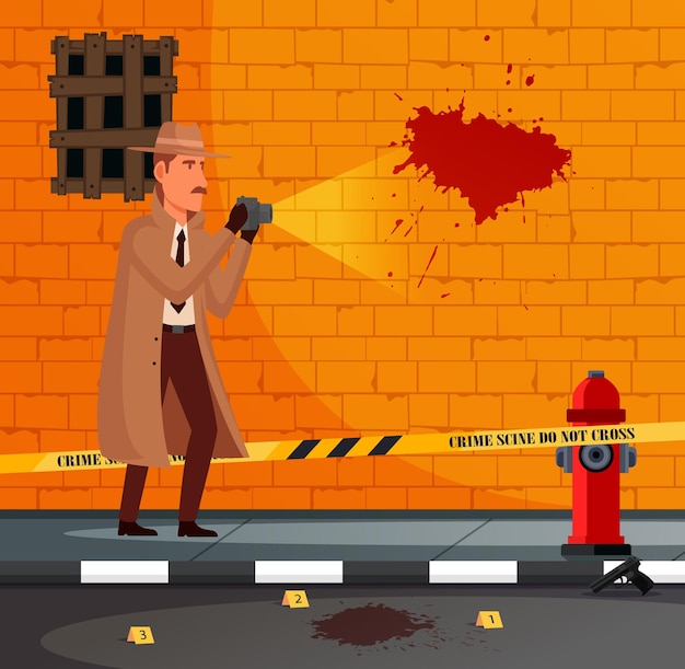 Vector vectorillustratie van man detective in een jas en hoed met een camera onderzoeken