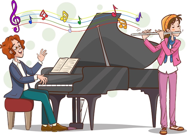 vectorillustratie van man die piano speelt en vrouw die fluit speelt