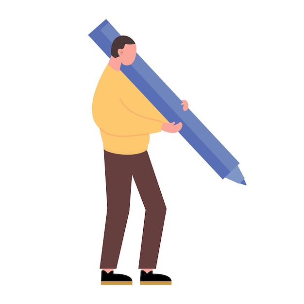 Vector vectorillustratie van man met gigantische pen. eenvoudige vlakke stijl.