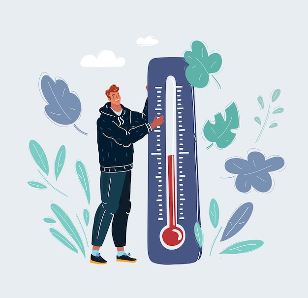 Vectorillustratie van man met thermometer in haar handen Menselijk karakter op donker