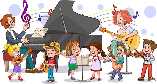 vectorillustratie van man piano spelen en kinderen zingen