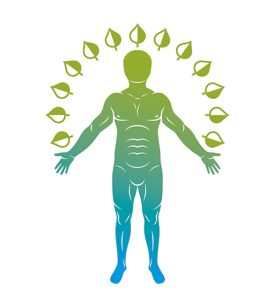 Vectorillustratie van mens permanent op witte achtergrond en gemaakt met behulp van natuurlijke groene bladeren. Wanderlust en plattelandsvakantie-idee, natuurlijke levensstijl.