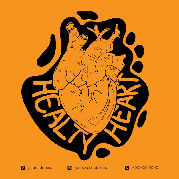 Vectorillustratie van menselijk hart in hand getekend ontwerp met zwart geel ontwerp