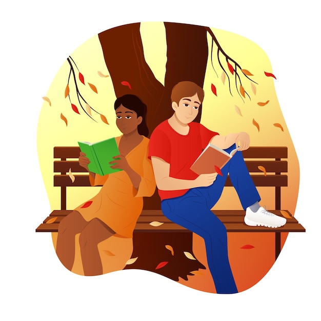 Vector vectorillustratie van mensen die boeken lezen op een herfstachtergrond