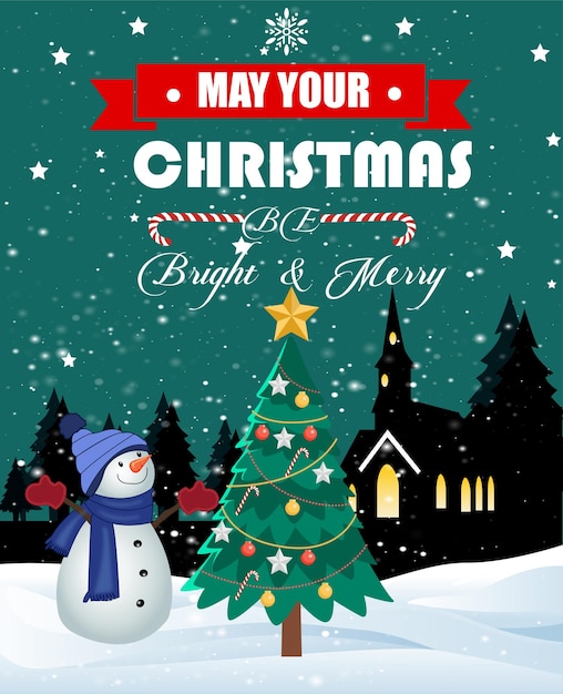 Vectorillustratie van Merry Christmas poster met sneeuwpop en kerstboom
