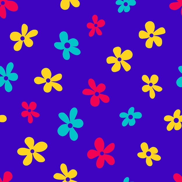 Vectorillustratie van minimalistische stijl heldere veelkleurige bloemen vormen naadloos patroon op paarse achtergrond