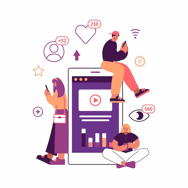 Vectorillustratie van moderne mannen en vrouwen die populaire video op apparaten bekijken en promoten tijdens het browsen op sociale media in de buurt van een enorme smartphone