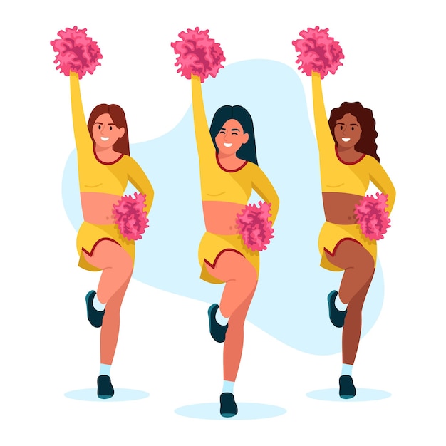 Vectorillustratie van mooi meisje dansen cheerleading Cartoon scène met lachende meisjes met pompoms dansen cheerleading en optreden voor de start van sportcompetities geïsoleerd op wit