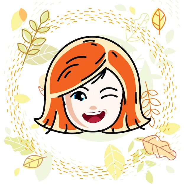 Vectorillustratie van mooi roodharig blij meisje gezicht, positieve gezichtskenmerken, tiener knipogen. Herfst thema clipart.