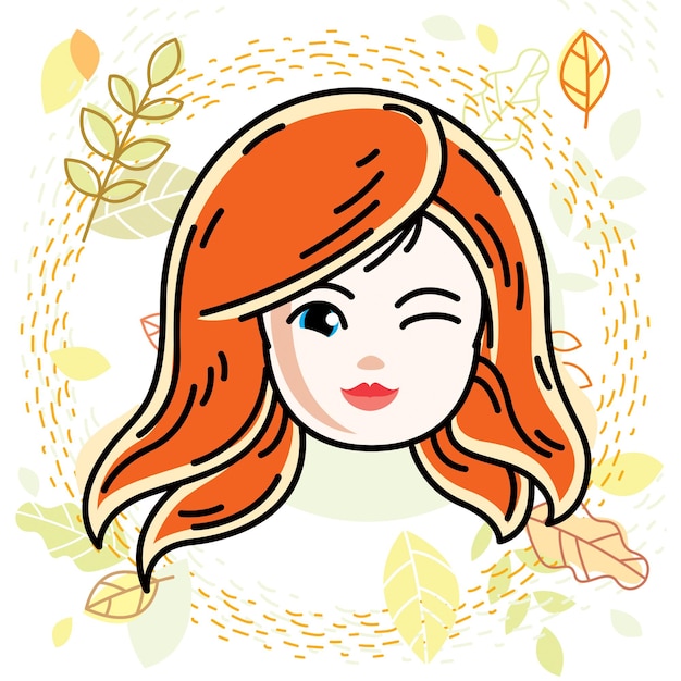 Vectorillustratie van mooi roodharig blij meisje gezicht, positieve gezichtskenmerken, tiener knipogen. Herfst thema clipart.