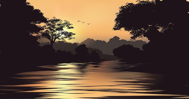 Vectorillustratie van mooie kalme zonsondergang over de rivier met nevelig bos