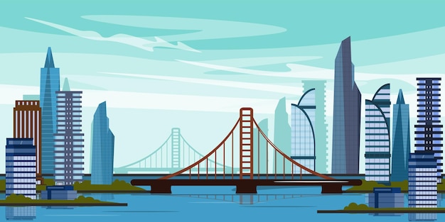 Vector vectorillustratie van new york bridge in cartoon stijl prachtig uitzicht op hoogbouw in de buurt van de rivier brug die twee oevers verbindt ontwikkelde infrastructuur van een grote stad