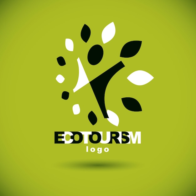 Vectorillustratie van opgewonden abstracte persoon met opgeheven handen omhoog. Ecotoerisme conceptueel logo. Milieubehoud thema icoon. Groene ecologie metafoor.