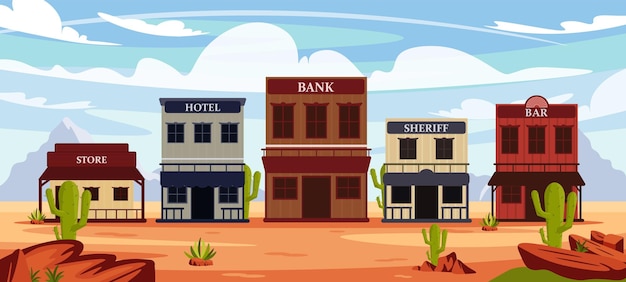 Vectorillustratie van oude huizen in het wilde westen Cartoon landschap met Amerikaanse gebouwen van winkel bank hotel sheriff bar op de achtergrond van bergen