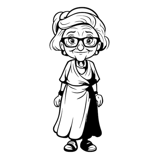 Vectorillustratie van oude vrouw met bril zwart-wit versie