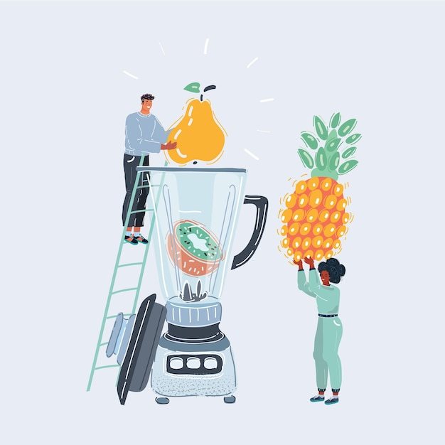 Vectorillustratie van paar verschillende soorten fruit in grote blender zetten Kleine man en vrouw op witte achtergrond