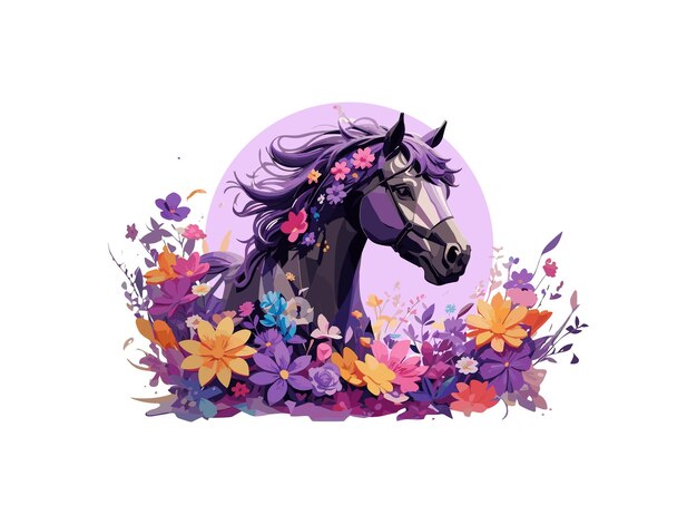 Vectorillustratie van paarden en wilde bloemen Wilde en vrije aquarel kunststijl ai