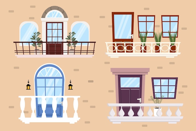 Vectorillustratie van prachtige elegante balkons Cartoon scène van de gevel van een huis met balkons met balustrades relingen ramen deuren groene planten in potten straatlantaarn