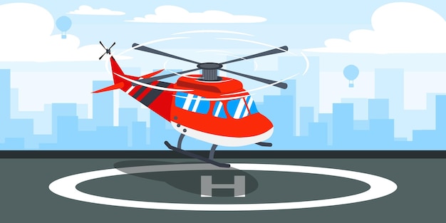 Vectorillustratie van prachtige helikopterplatform Cartoon stedelijke gebouwen met landing helikopters en stad op de achtergrond