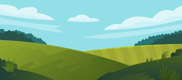 Vectorillustratie van prachtige velden landschap met een dageraad, groene heuvels, felle kleur blauwe lucht, achtergrond in platte cartoon stijl.